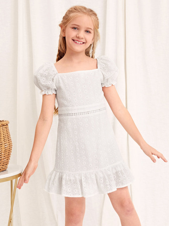 Girls Puff Sleeve Schiffy Embroidered Dress