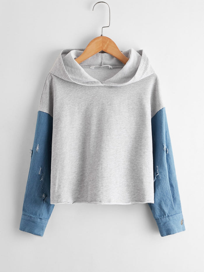Girls Colorblock Sleeve Ripped Hoodie
