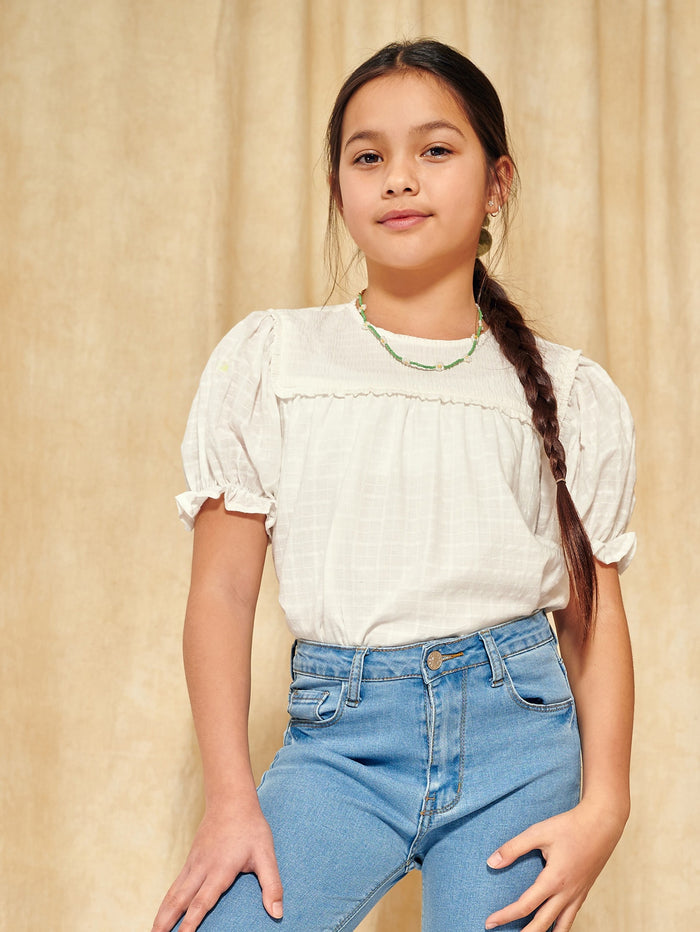 Girls Ruffle Cuff Shirred Yoke Top