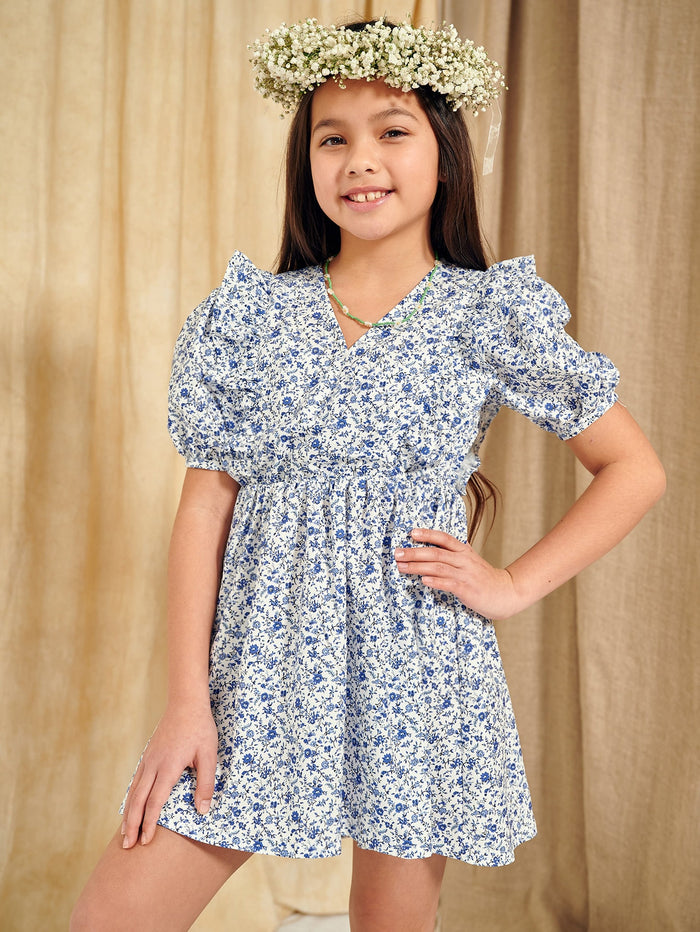 Girls V-neck Puff Sleeve Ruffle Detail Ditsy Floral Dress