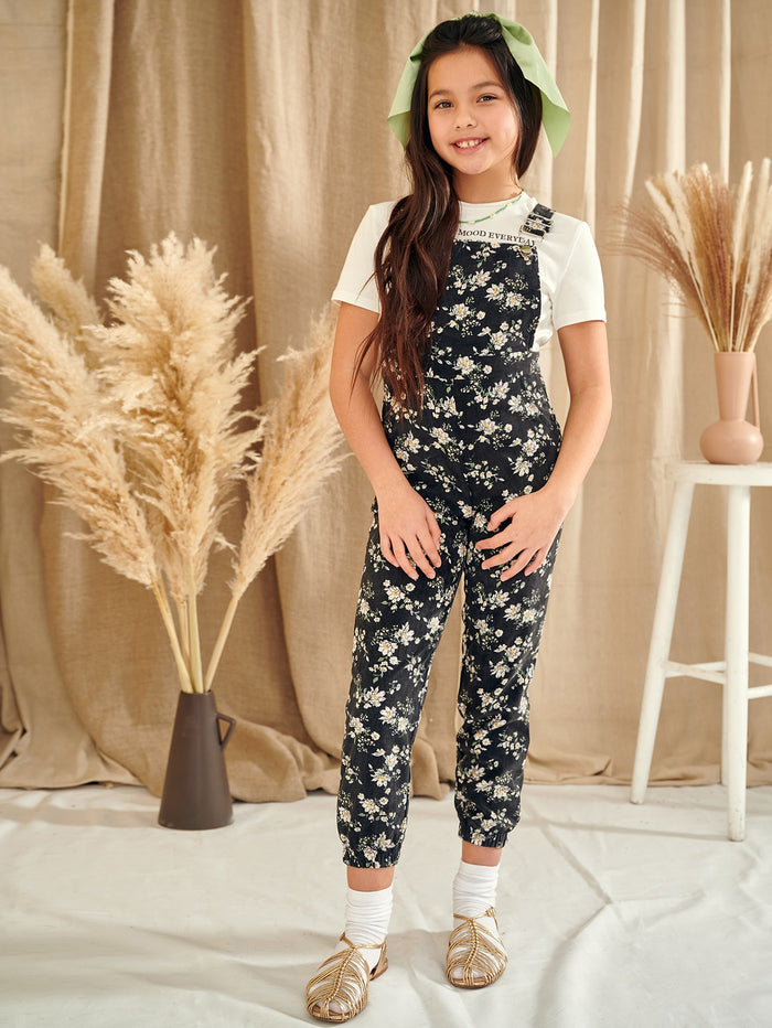 Girls Allover Floral Print Cord Overall Jumpsuit