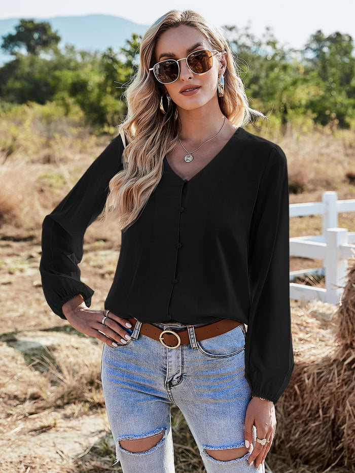 V-neck Button Up Solid Blouse Black