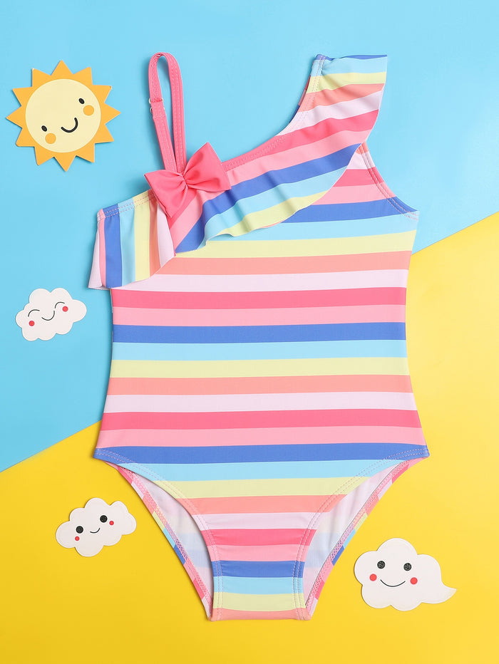 Toddler Girls Rainbow Stripe Ruffle One Piece Swimsuit