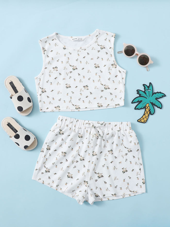 Girls Ditsy Floral Crop Tank Top & Shorts Set