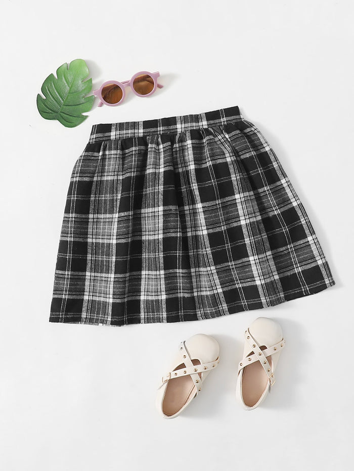 Girls Elastic Waist Tartan Skirt Black and White