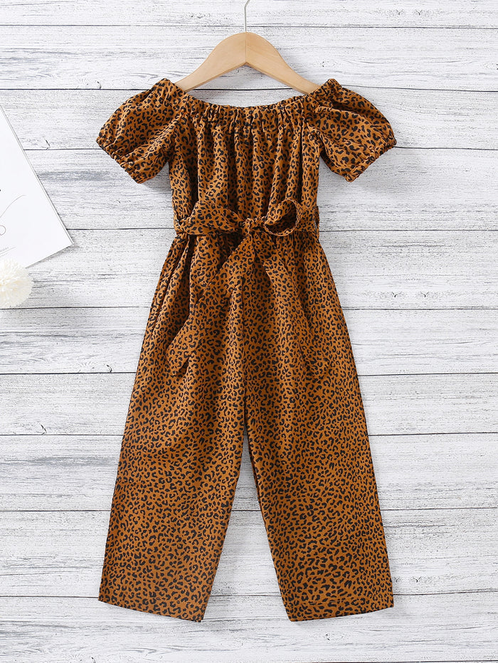 Toddler Girls Leopard Print Bardot Belted Jumpsuit