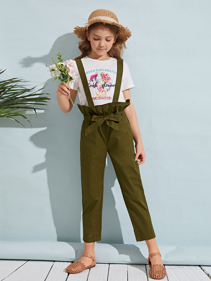 Girls Letter and Floral Top & Paperbag Waist Pinafore Pants Set