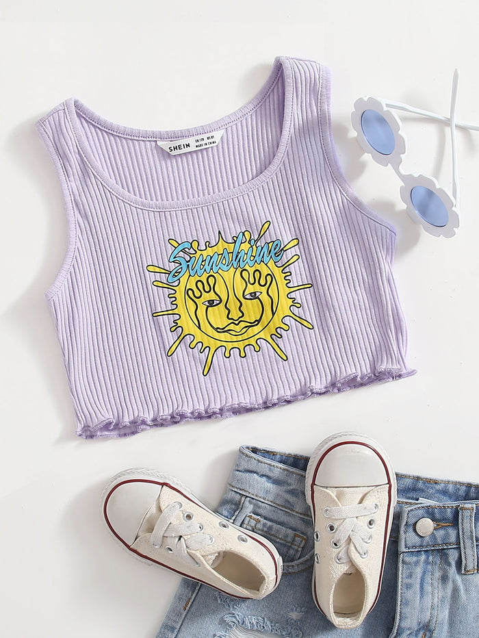 Girls Lettuce Hem Rib-knit Letter Graphic Print Tank Top Pastel