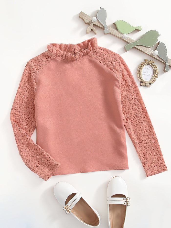 Girls Mock Neck Lace Raglan Sleeve Top Dusty Pink