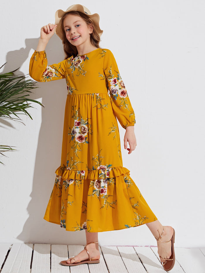 Girls Zipper Back Ruffle Hem Floral Dress Mustard Yellow