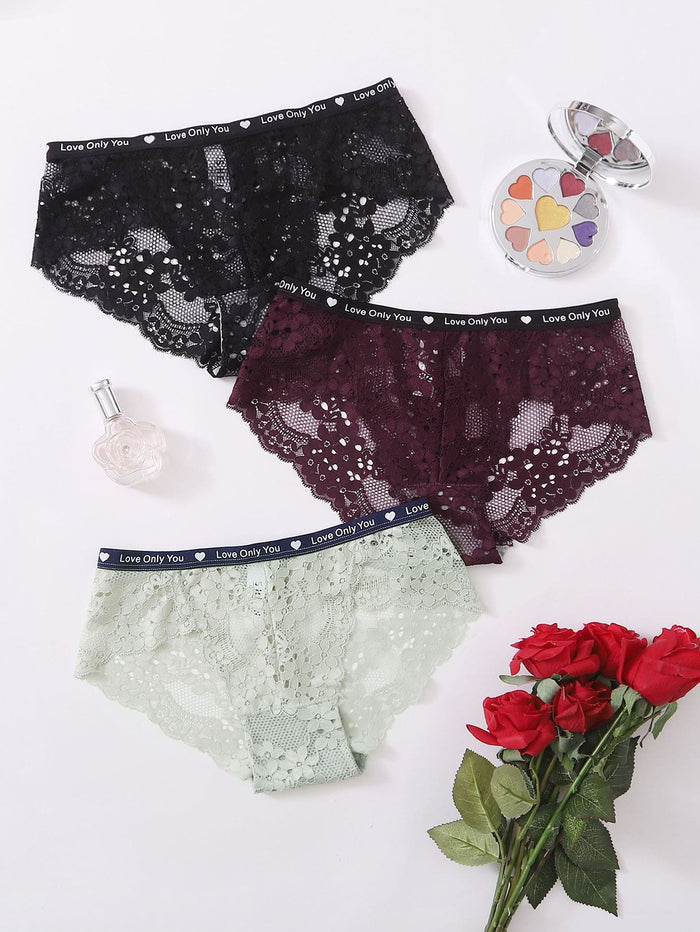 3pack Floral Lace Letter Tape Panty Set