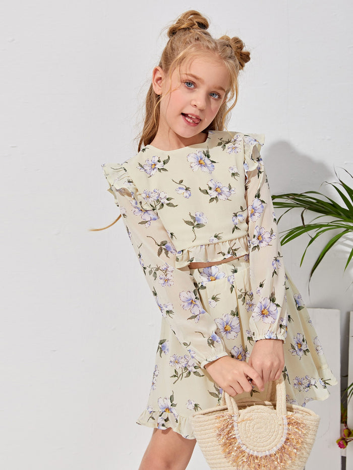 Girls Ruffle Trim Floral Top & Skirt Set