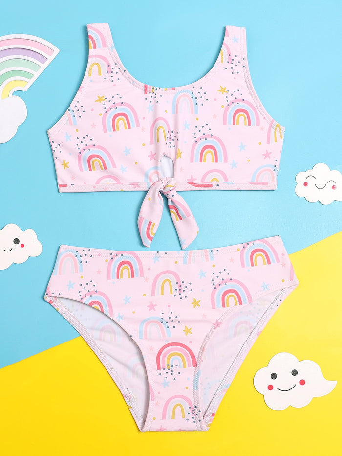 Toddler Girls Rainbow Print Knot Hem Bikini Swimsuit