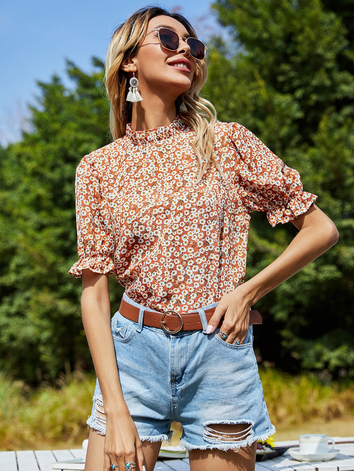 Ditsy Floral Ruffle Neck Blouse