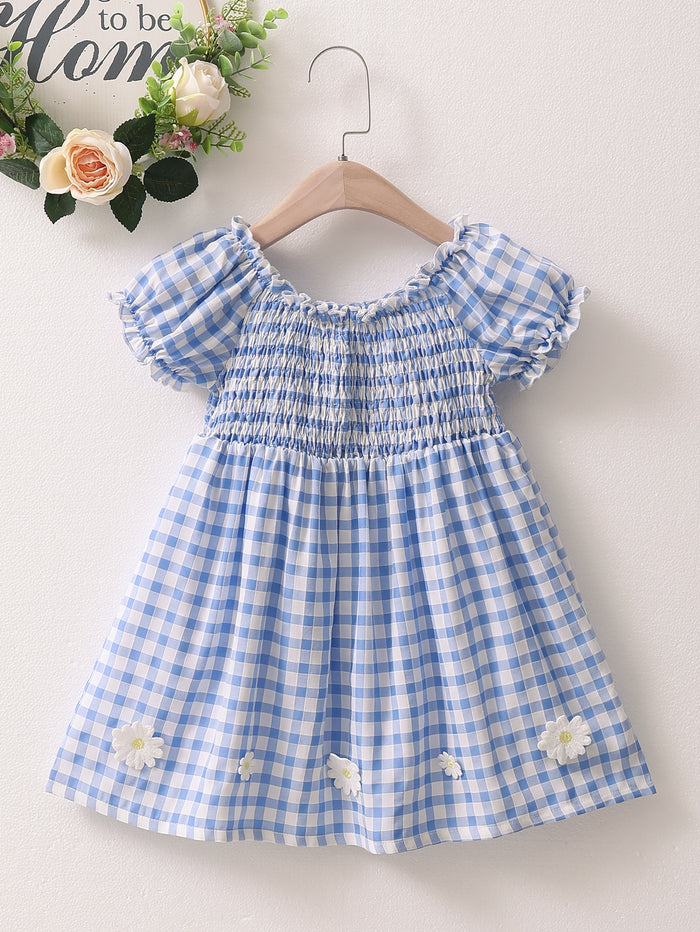 Toddler Girls Gingham Shirred Puff Sleeve Dress