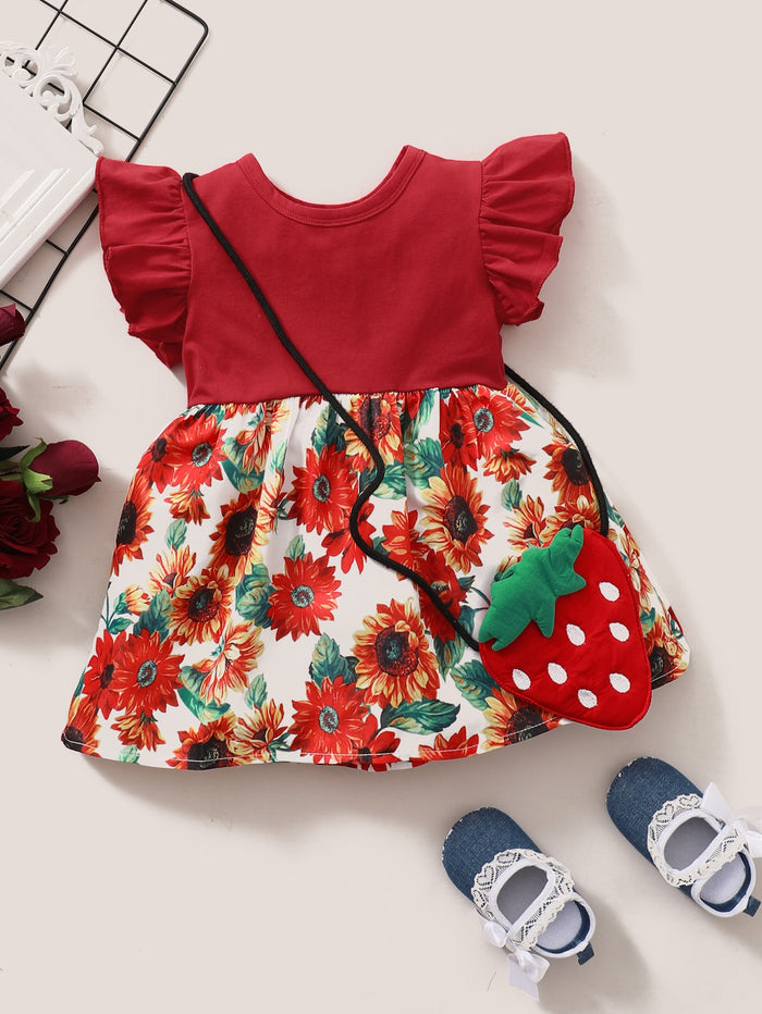 Toddler Girls Sunflower Print Ruffle Trim Dress