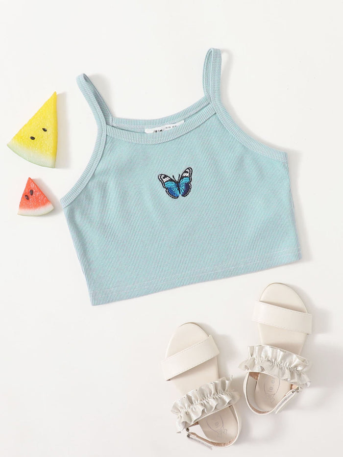 Girls Butterfly Embroidery Rib-knit Cropped Cami Top Pastel