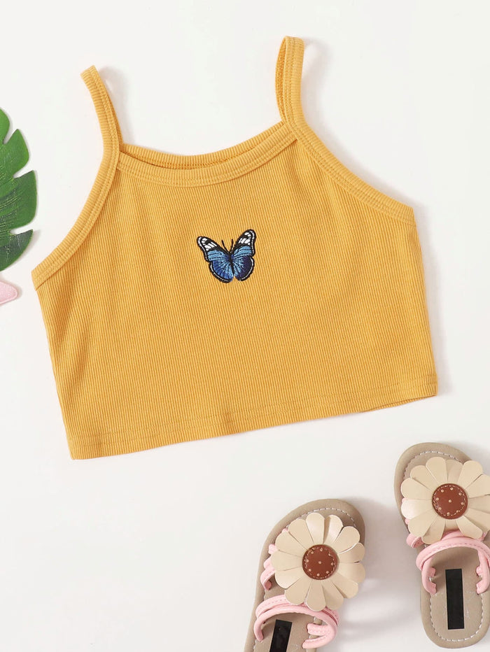 Girls Butterfly Embroidery Rib-knit Cropped Cami Top Yellow