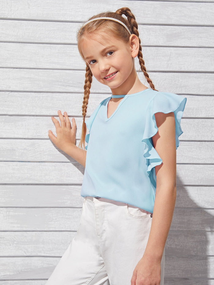 Girls Keyhole Neck Butterfly Sleeve Top Pastel