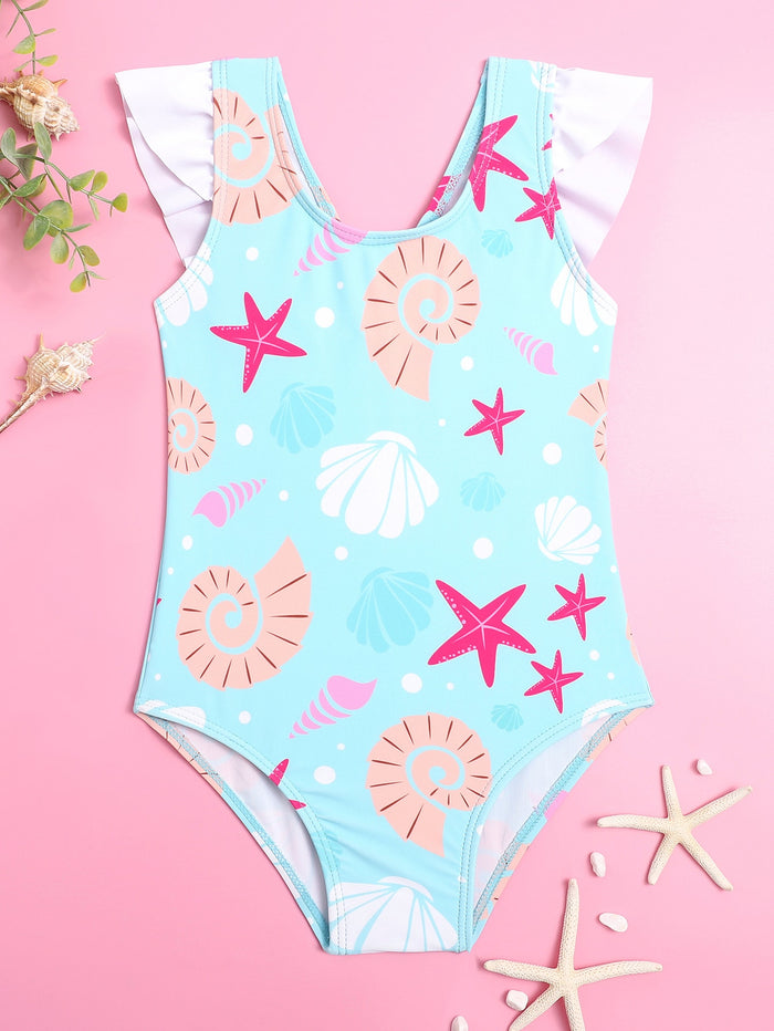 Toddler Girls Shell Print Ruffle One Piece Swimsuit