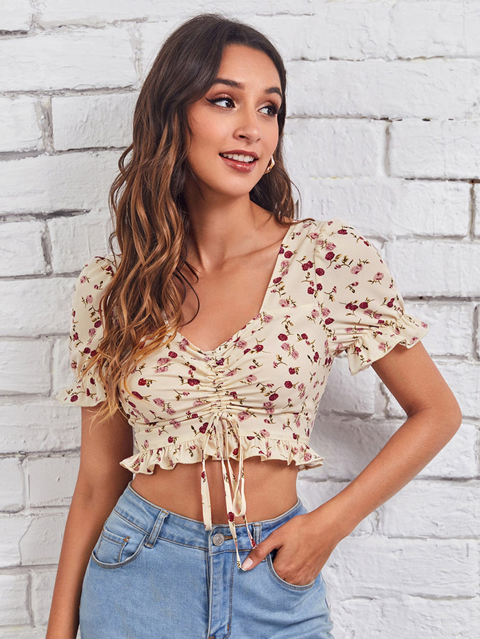 Floral Shirred Back Knot Front Ruched Top