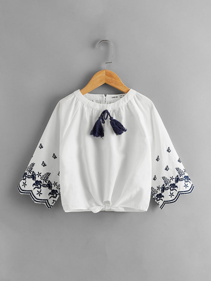 Girls Embroidery Detail Knot Hem Crop Top