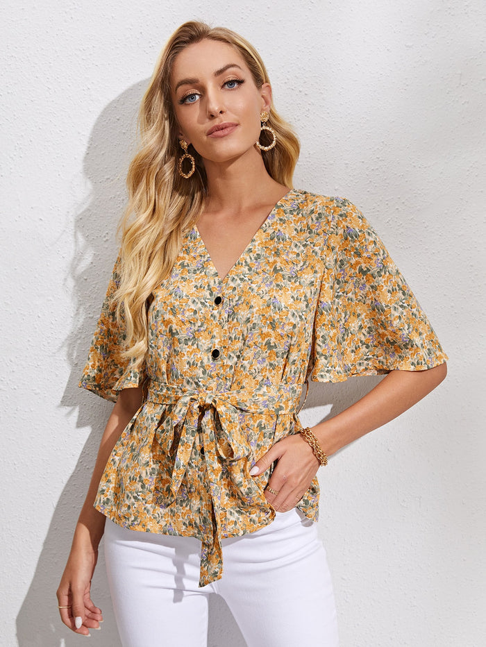 Bell Sleeve Button Front Belted Floral Peplum Top