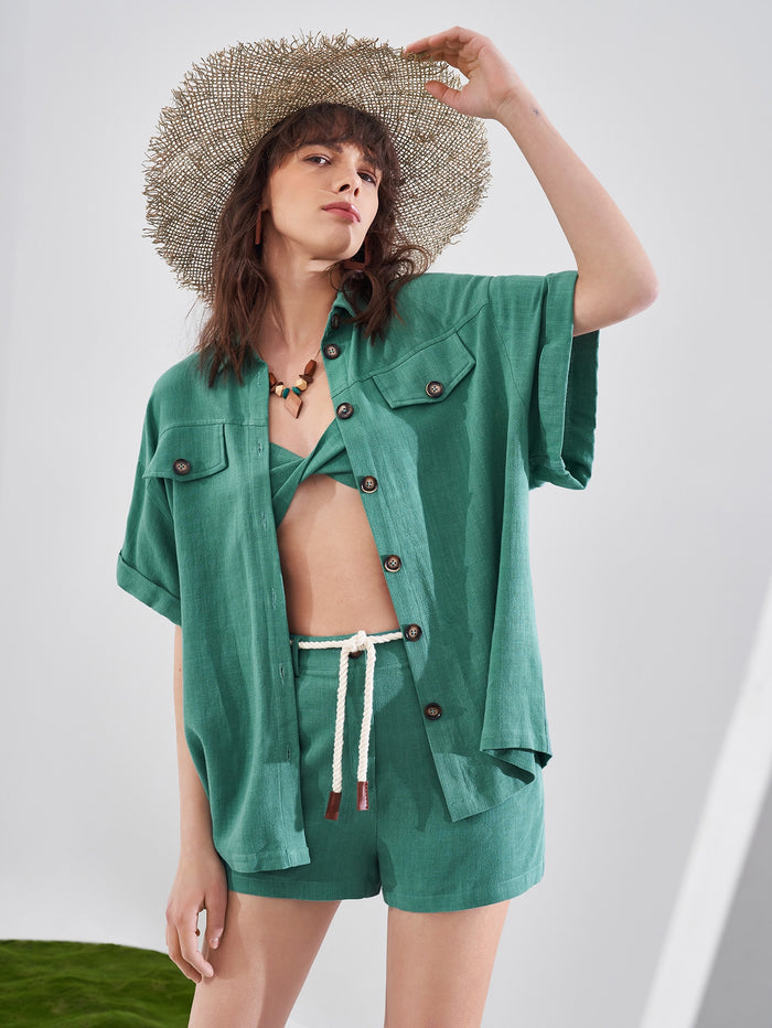 Cuffed Sleeve Flap Detail Button Placket Blouse