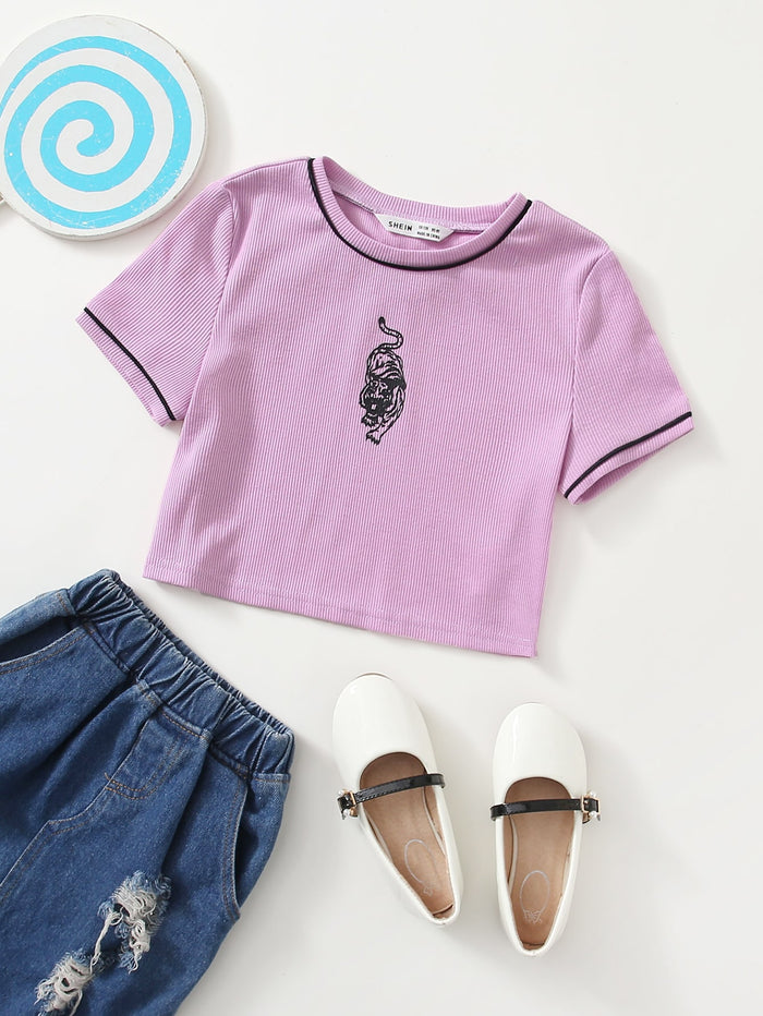 Girls Contrast Piping Tiger Print Top