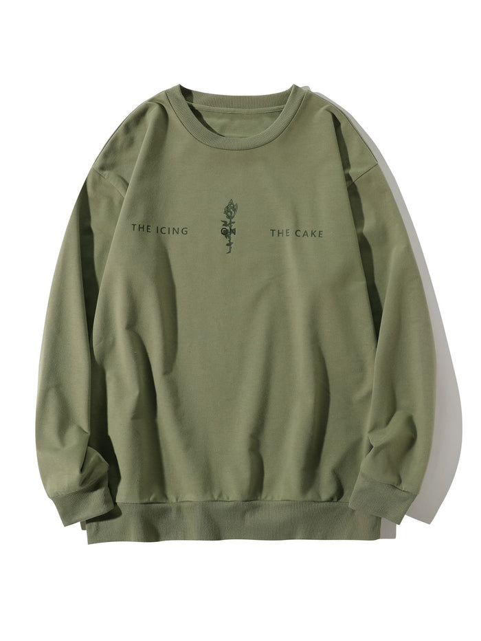 Men Flower & Slogan Graphic Sweatshirt Army Green