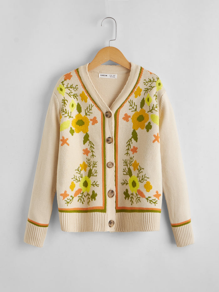 Girls Single Breasted Floral Pattern Cardigan