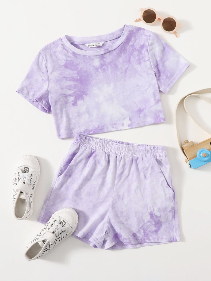 Girls Tie Dye Tee & Track Shorts Set Lilac Purple
