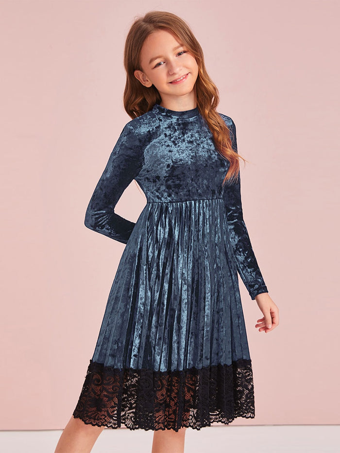 Girls Lace Hem Pleated Velvet Dress Navy Blue