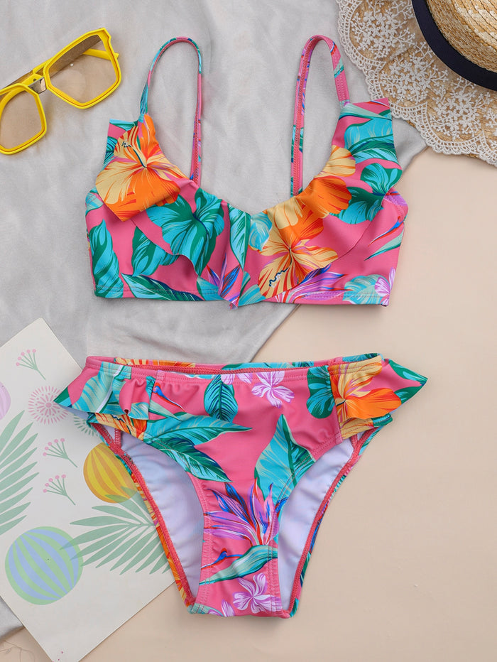 Toddler Girls Leaf Print Ruffle Bikini Swimsuit