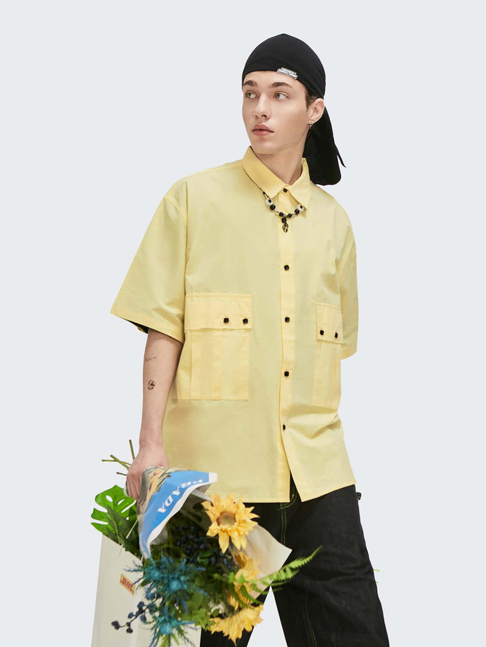 Men Button Front Flap Pocket Shirt Yellow