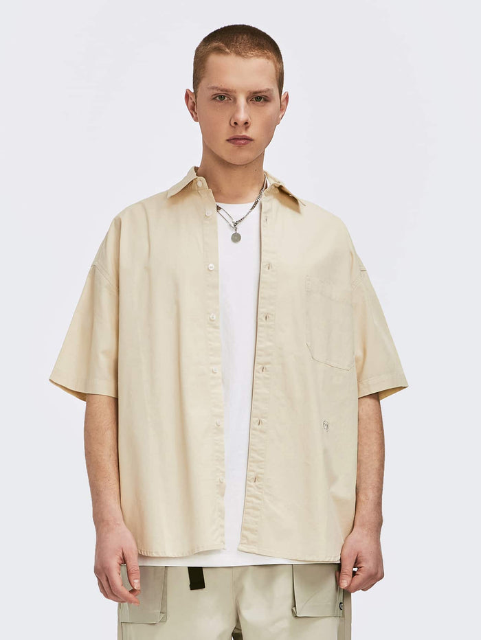 Men Drop Shoulder Pocket Front Patch Detail Shirt Beige