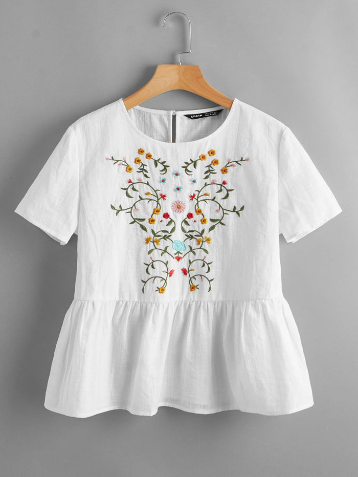 Keyhole Back Embroidery Floral Peplum Top