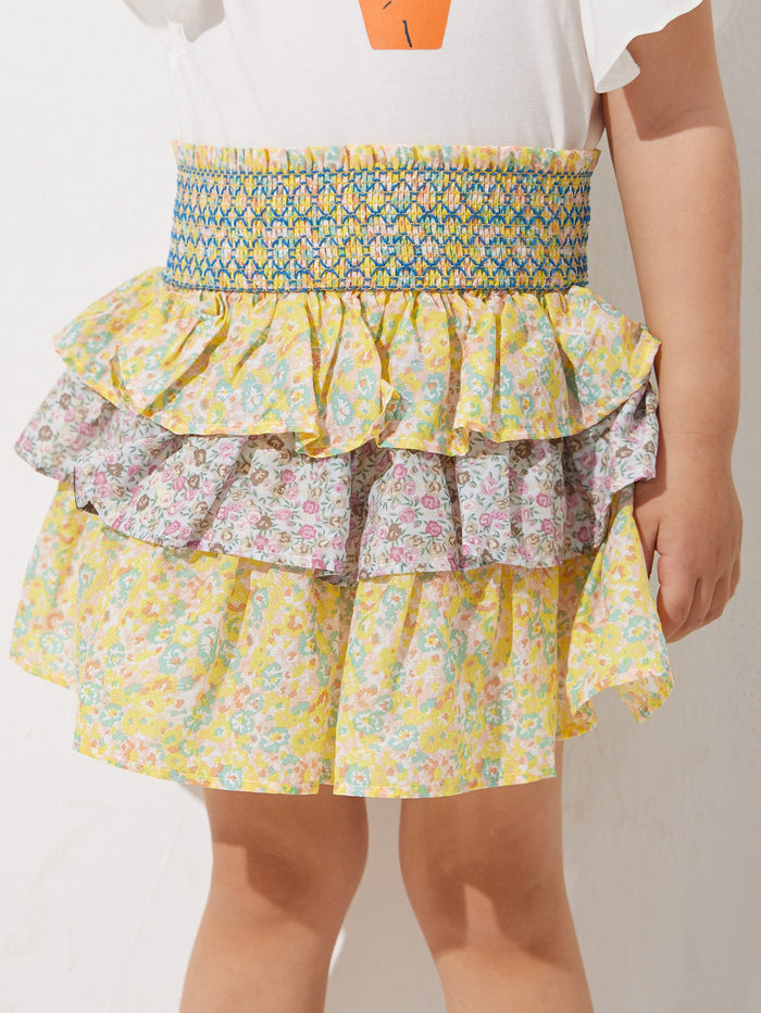 Toddler Girls Shirred Waist Ditsy Floral Layered Ruffle Hem Skirt