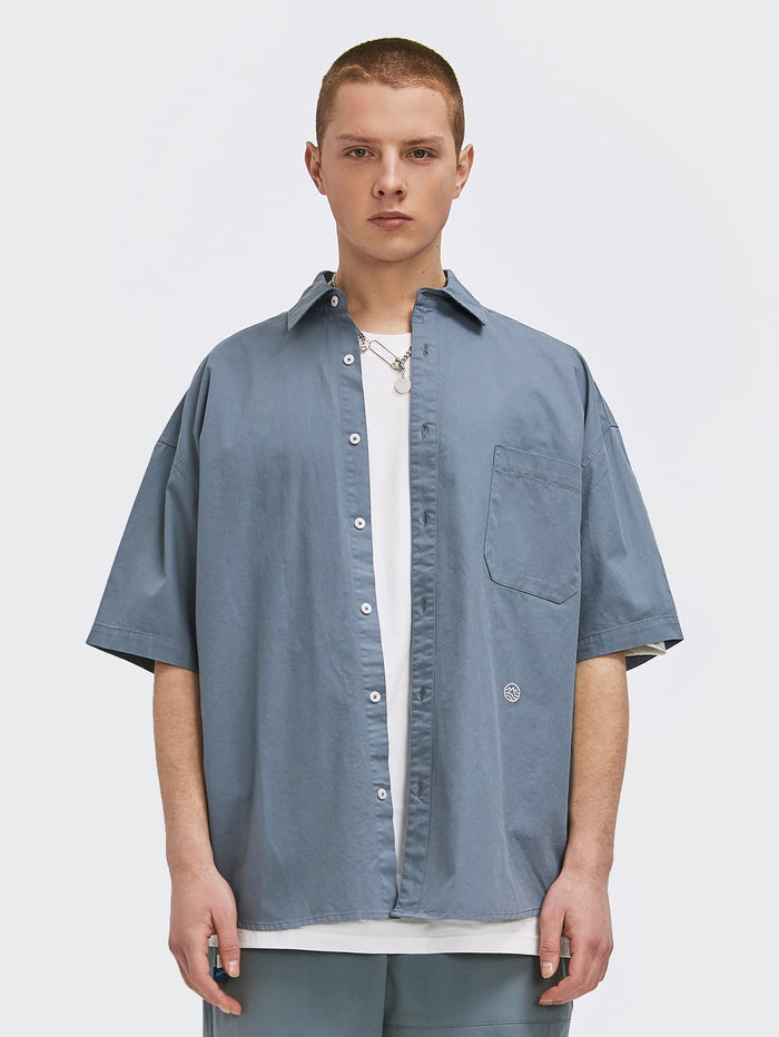 Men Drop Shoulder Pocket Front Patch Detail Shirt Dusty Blue