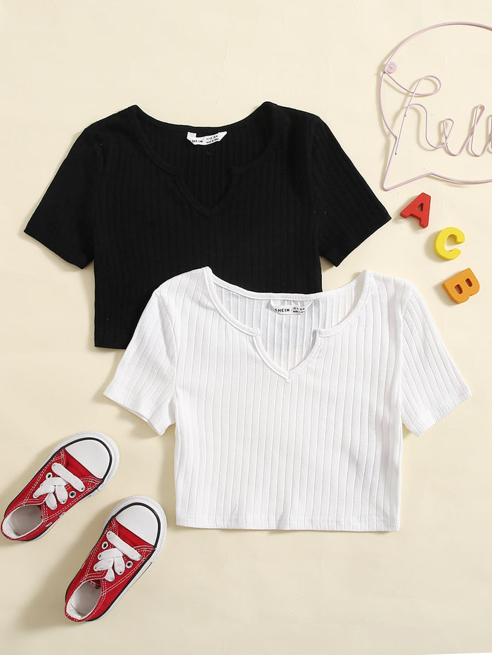 Girls 2 Pack Notched Neck Rib-knit Top Black and White
