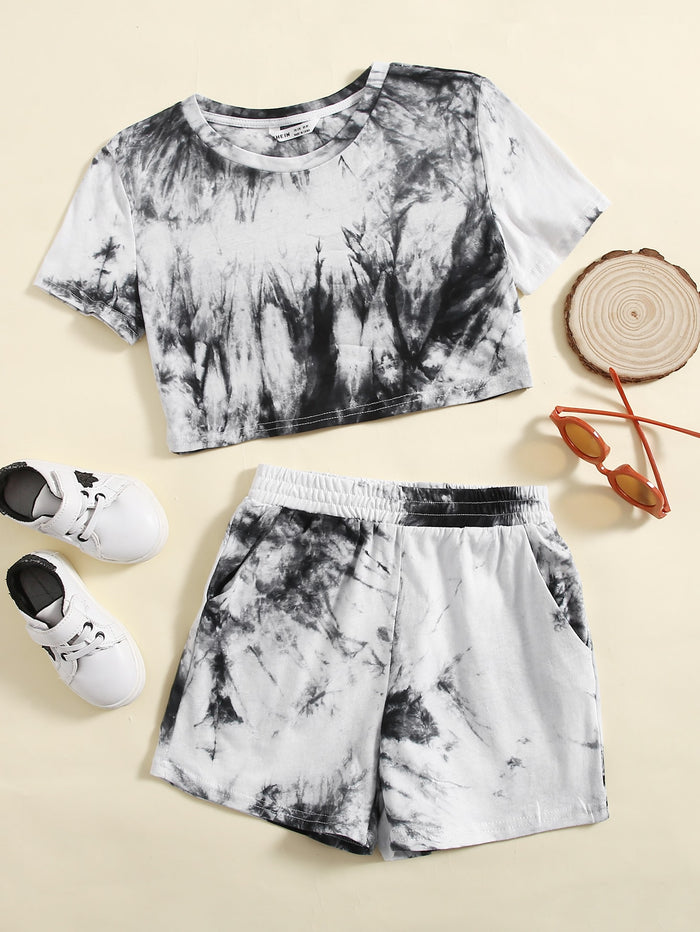 Girls Tie Dye Tee & Track Shorts Set Black and White
