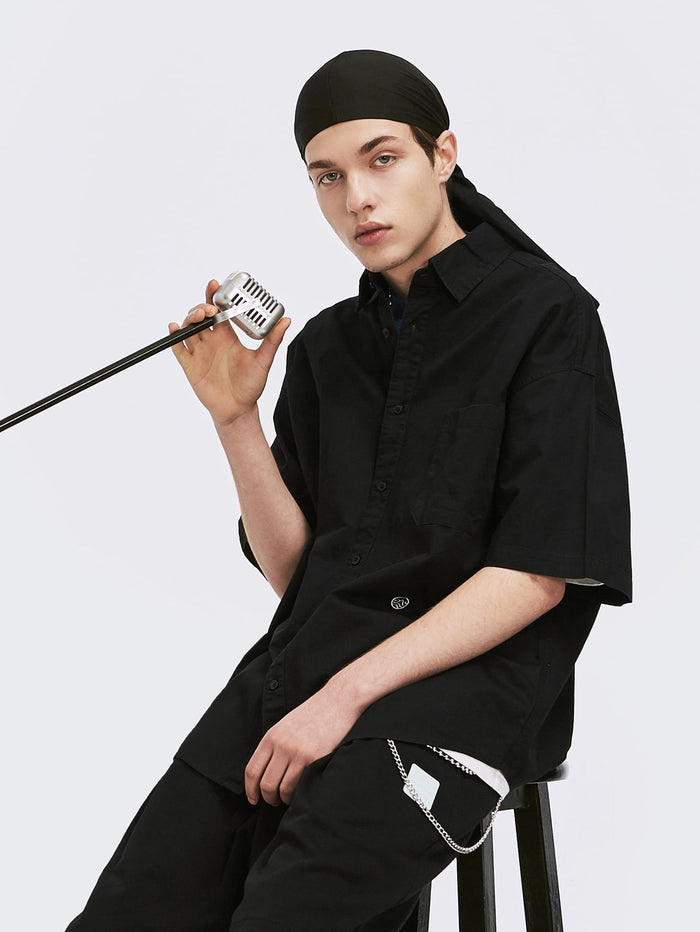 Men Drop Shoulder Pocket Front Patch Detail Shirt Black