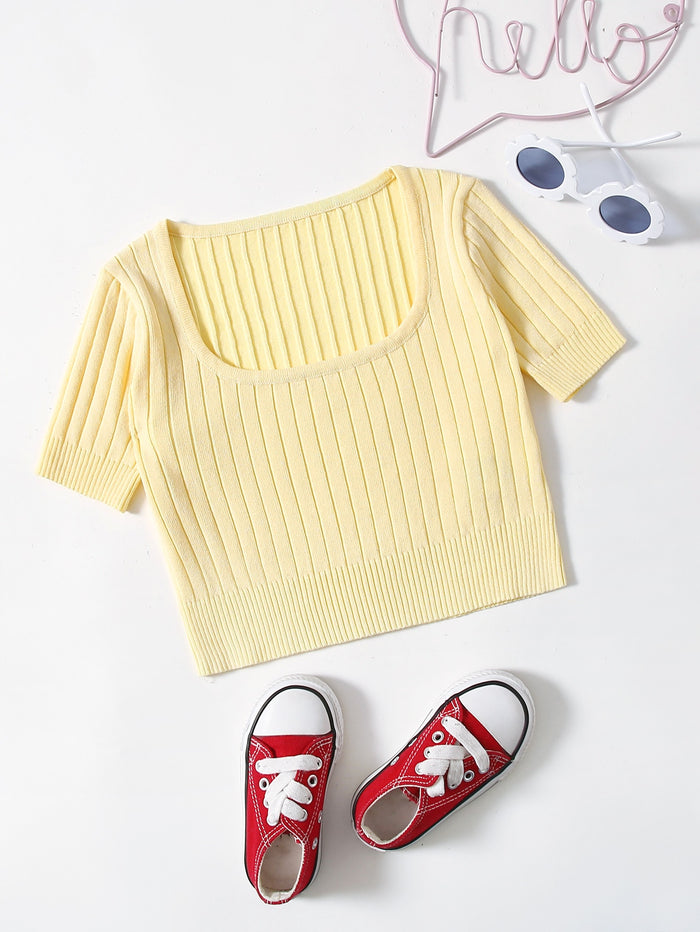 Girls Scoop Neck Solid Ribbed Knit Top