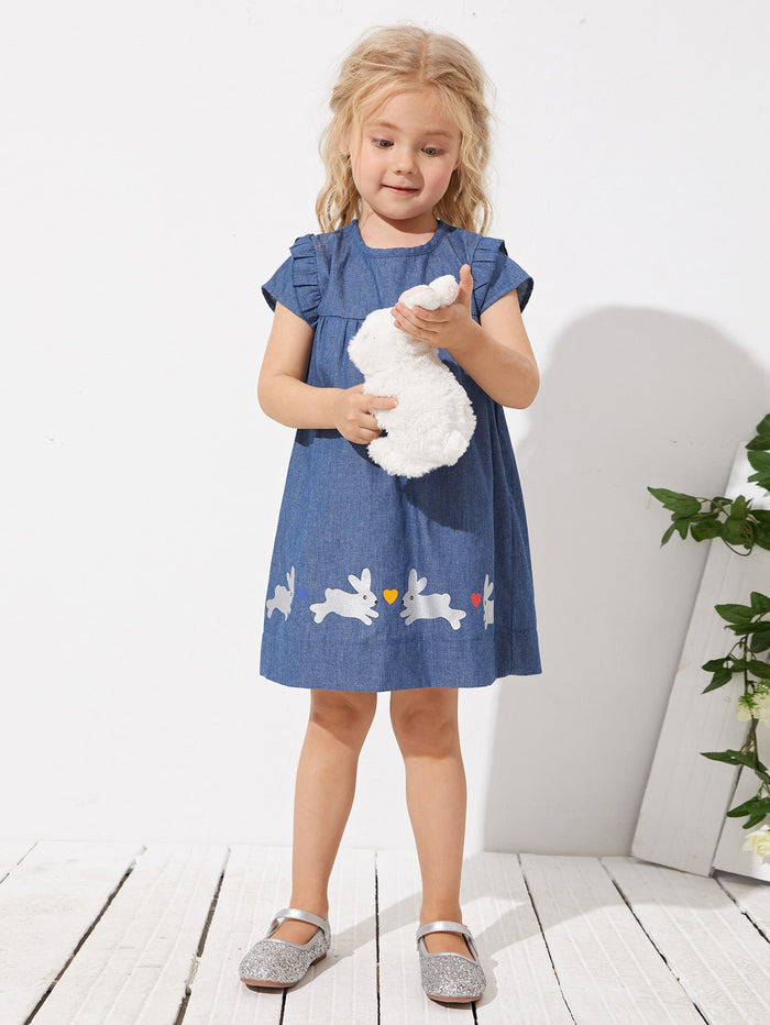 Toddler Girls Rabbit Print Ruffle Trim Denim Smock Dress
