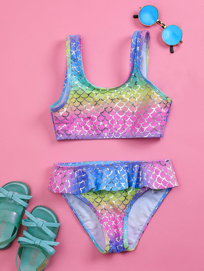 Toddler Girls Fish Scales Ruffle Bikini Swimsuit