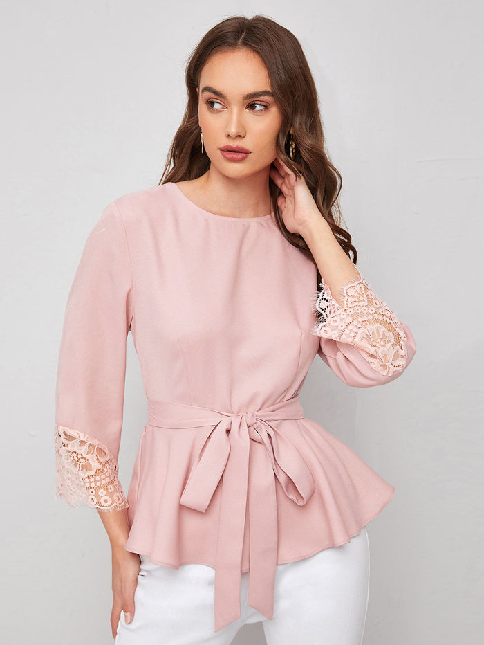 Zipper Back Lace Cuff Belted Top Baby Pink