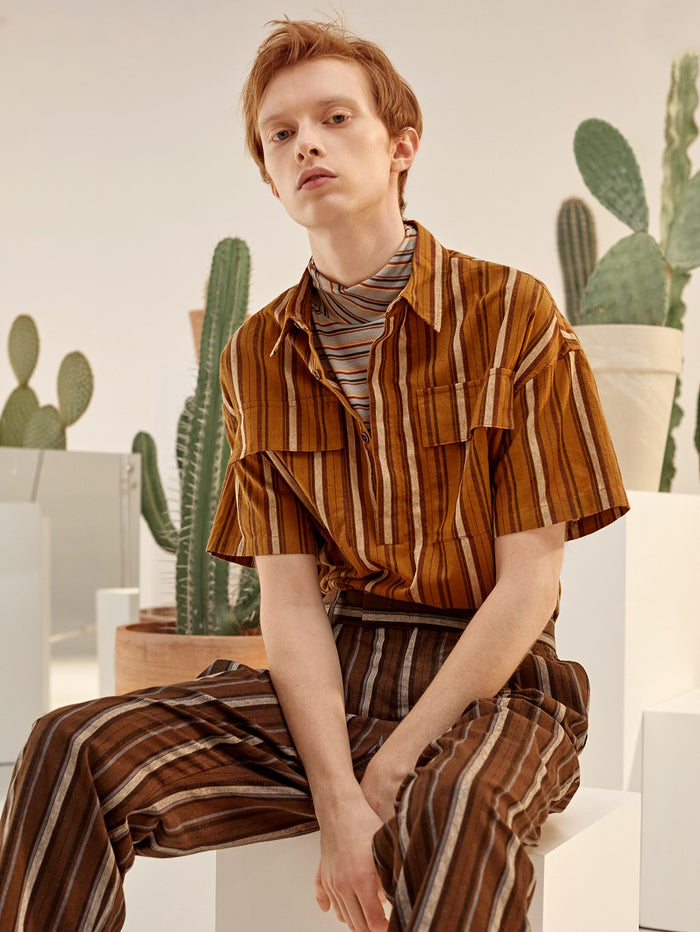 Men Drop Shoulder Flap Pocket Striped Shirt