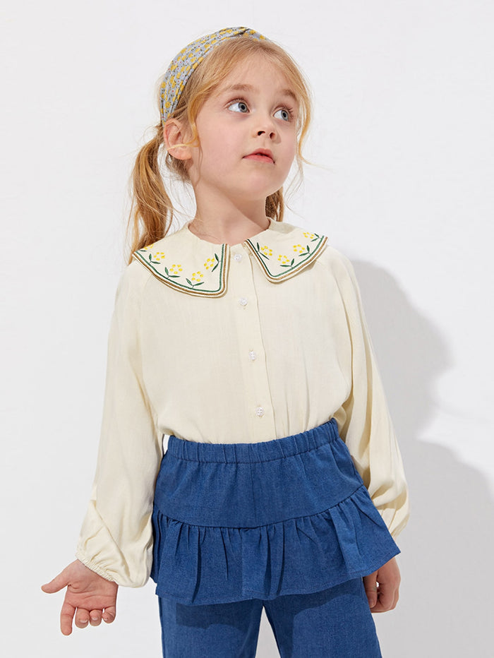 Toddler Girls Embroidered Detail Lantern Sleeve Top