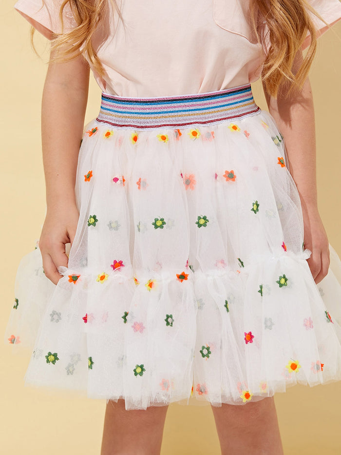 Toddler Girls Striped Waist Ruffle Hem Floral Embroidered Mesh Skirt