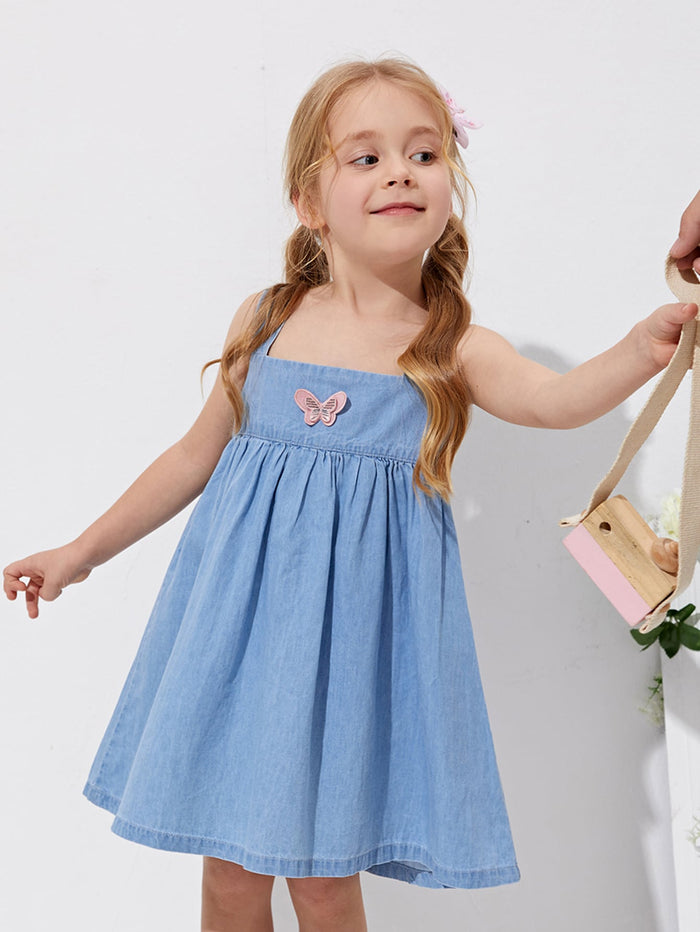 Toddler Girls Butterfly Patched Denim Dress
